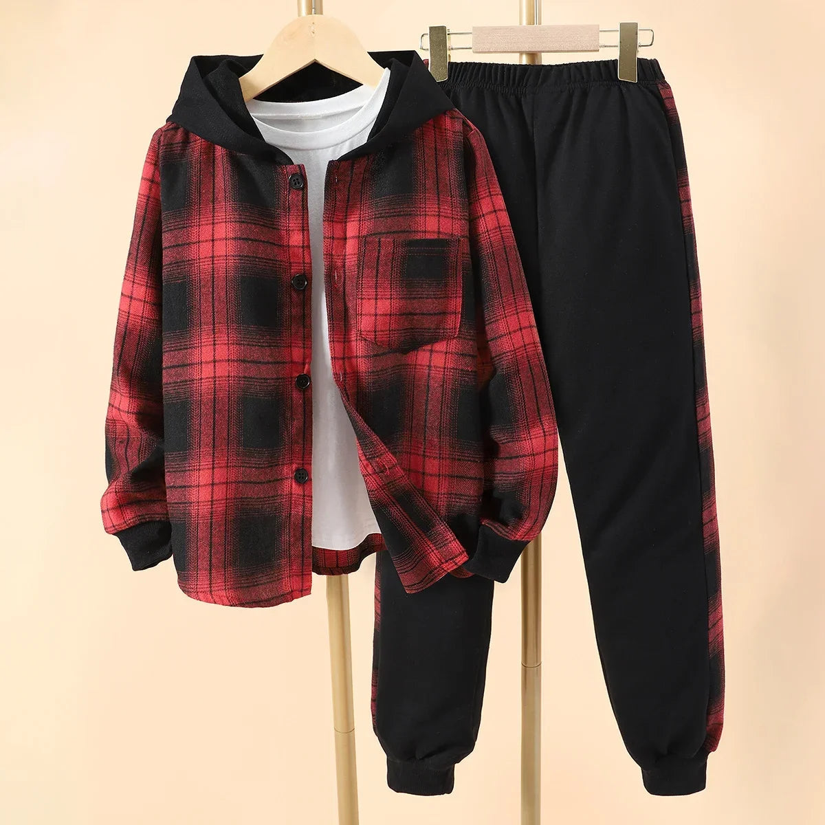 Kids Boys' Autumn Casual Checker Hoodie Set Shirt Suit Soft Ventilate Fashion Boys Suit Plaid Children's Clothing Set Good Vibrations