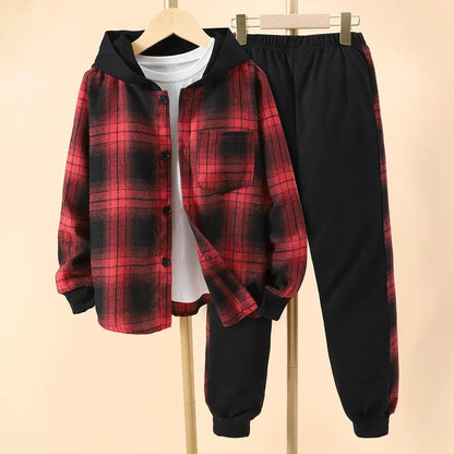 Kids Boys' Autumn Casual Checker Hoodie Set Shirt Suit Soft Ventilate Fashion Boys Suit Plaid Children's Clothing Set Good Vibrations