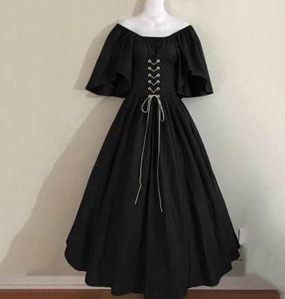Halloween Costumes for Women Medieval Retro Contrasting Color Slim Swing Dress One-word Shoulder Dress Love Live Cosplay Good Vibrations