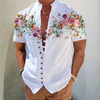 Men Shirts New Print Button Shirt Fashion Stand Collar Loose Fitting Men's Shirts Casual Streetwear Comfortable Good Vibrations
