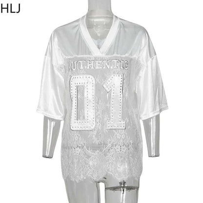 HLJ&GG Fashion Lace See Though Patchwork Two Piece Sets Women V Neck Short Sleeve Loose Top+Skinny Shorts Outfits Sexy Clubwear GOOD Vibrations