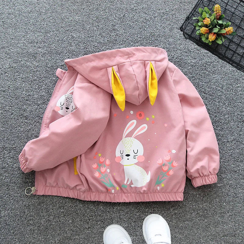 Strawberry Rabbit Baby Girls Jacket Cute Cartoon Windproof Outerwear Hooded Zipper Girls Coat 1 2 3 4 5 6 Years New Kids Clothes Good Vibrations