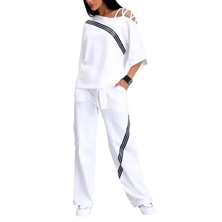 New Fashion Two-piece Women's White Sports Suit Sexy Off Shoulder Loose Sports Shirt+casual Pants Cotton Sportswear Women's Good Vibrations