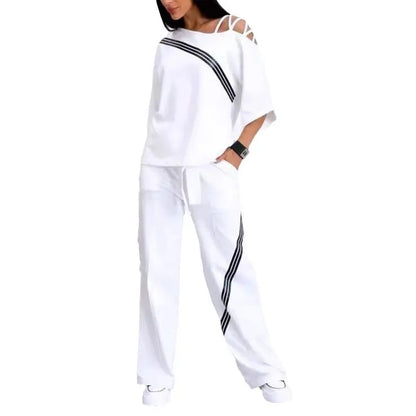 New Fashion Two-piece Women's White Sports Suit Sexy Off Shoulder Loose Sports Shirt+casual Pants Cotton Sportswear Women's Good Vibrations