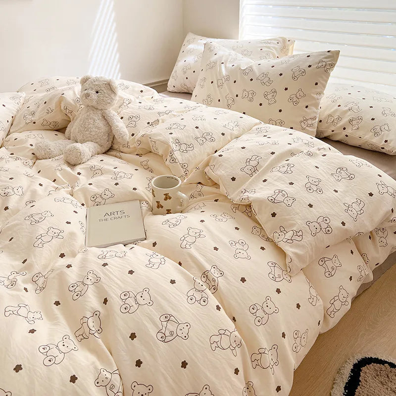 Ins Simple Flower Bed LinenTwin Full Queen King Size Bed Sheets Set  Adults Kids Floral Bed Comforter Sets Bed Duvets Kawaii Good Vibrations