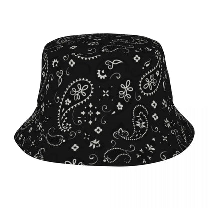 Black Paisley Pattern Bandana Print Bucket Hats Women Men Unisex Trendy Summer Fisherman's Hat Good Vibrations
