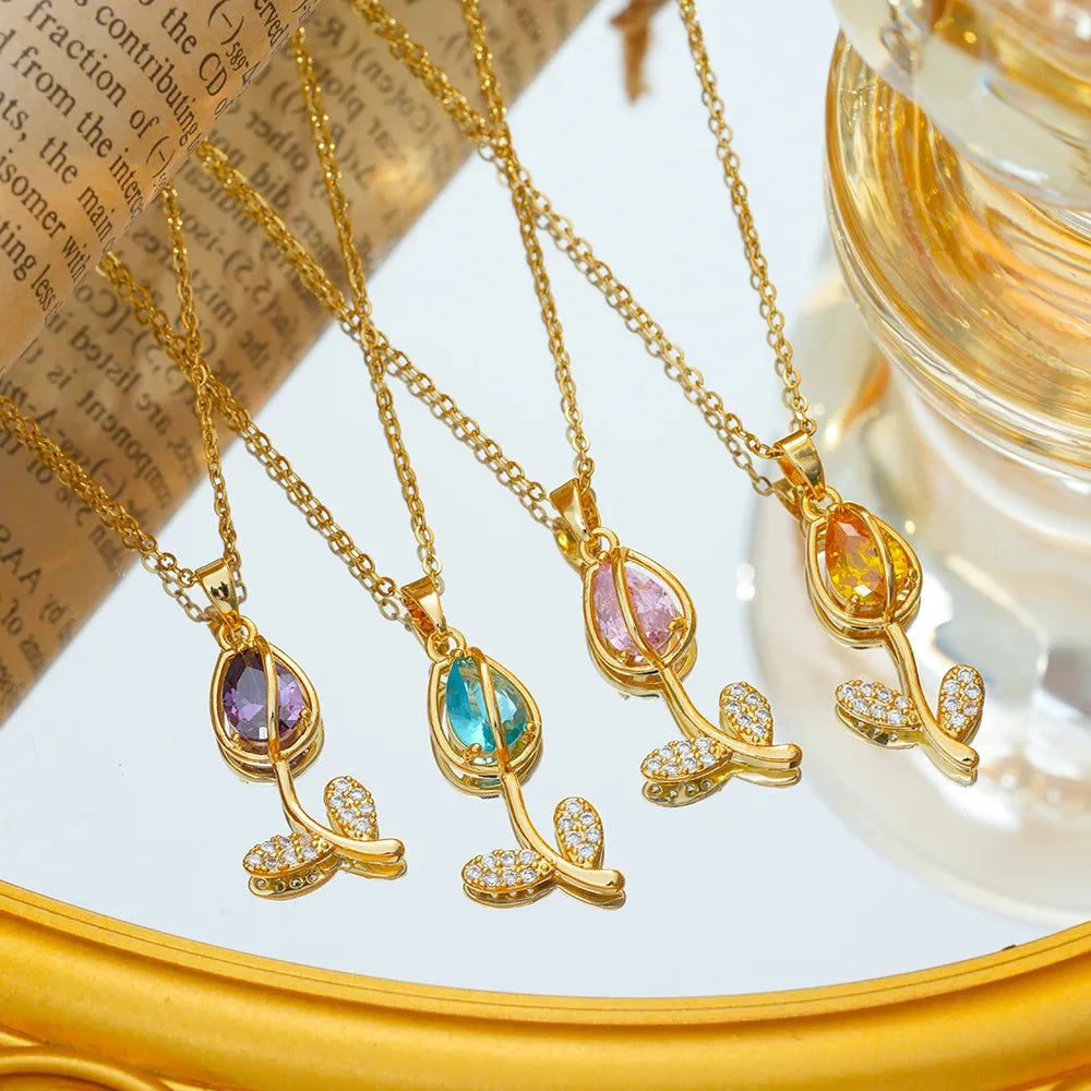 Colorful Zircon Tulip Pendant Necklaces for Women Girls Stainless Steel Chain Trendy Romantic Jewelry Accessories Gifts Good Vibrations