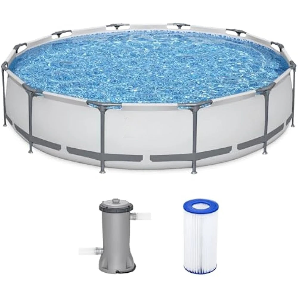 12 Foot by 30 Inch Round Above Ground Swimming Pool Set Outdoor Metal Frame Family Pool with Filter Pump Good Vibrations