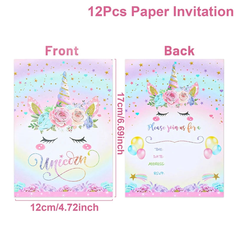 12pcs Invitation Card Unicorn Rainbow Balloon Envelope Card Girl Unicorn Theme Party Invitation Happy Birthday Party Decoration Good Vibrations