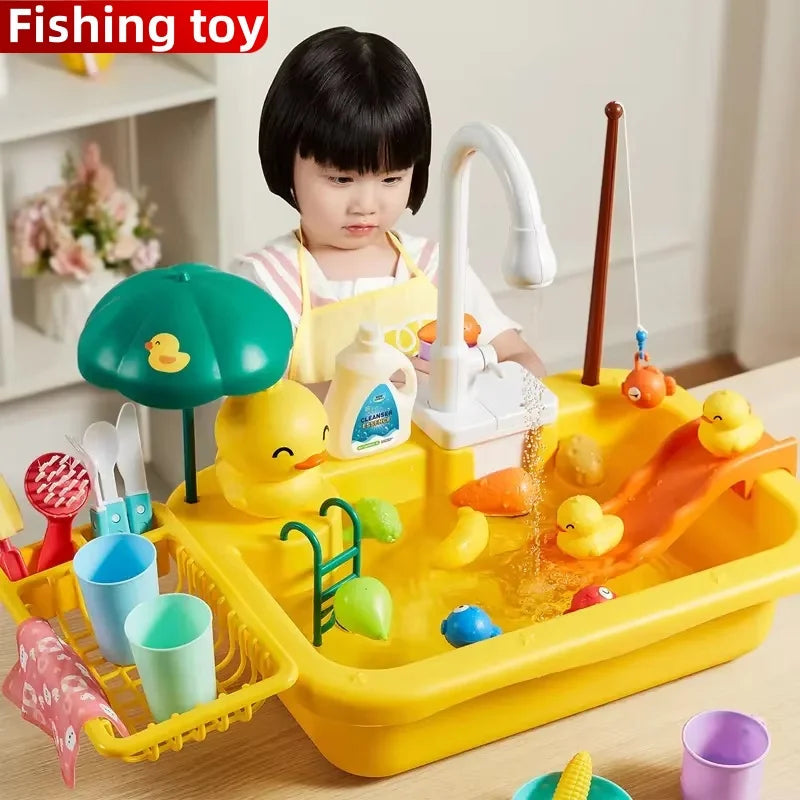 Kids Kitchen Sink Toys Electric Dishwasher Playing Toy With Running Water Pretend Play Food Fishing Toy Role Playing Girls Gift Good Vibrations