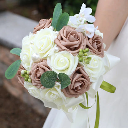 YeeNanee Wedding Gold Hoop Bouquet for Bridesmaids Floral Rose Eucalytpus Metal Ring Wreath Bridal Shower Ceremony Decoration Good Vibrations