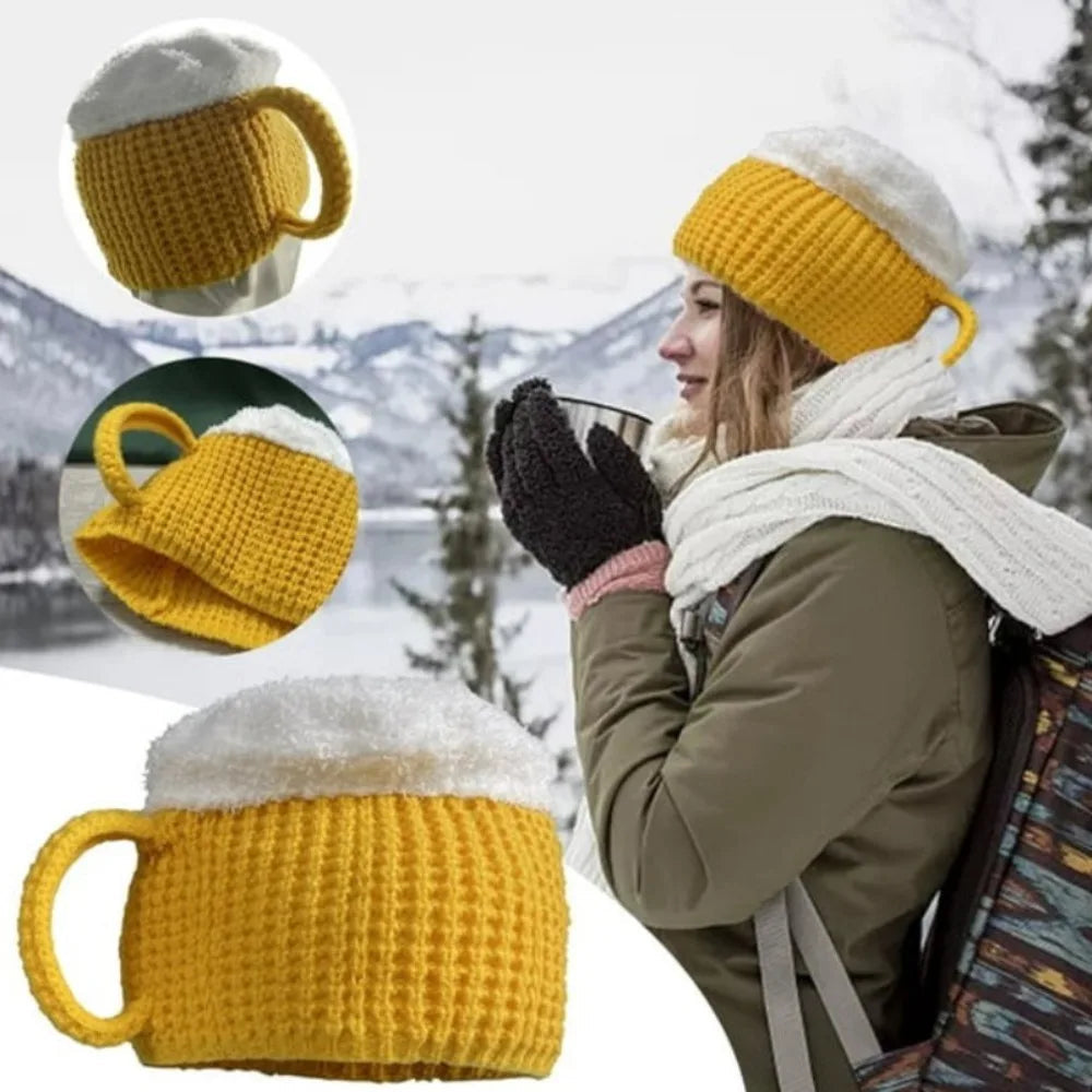 3D Beer Cup Hat Funny Creative Knitted Pullover Cap Autumn Winter Versatile Unisex Warm Hairline Cap Beer Lovers' Year Presents Good Vibrations