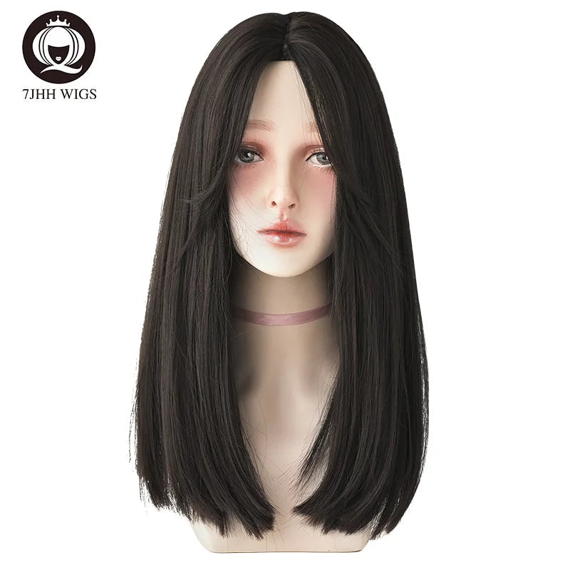 7JHHWIGS Long Wavy Synthetic Black Wigs For Women With Fringe Fashion Heat Resistant Mid-Length Daily Straight Light Brown Hair Good Vibrations