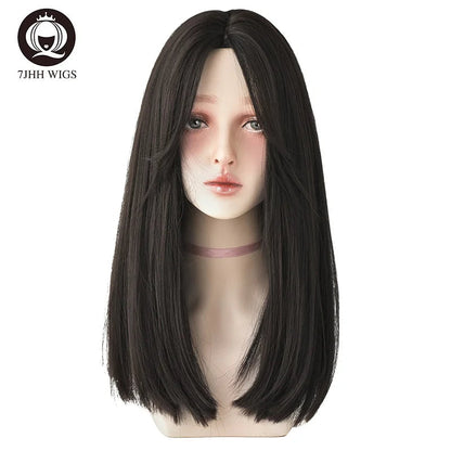 7JHHWIGS Long Wavy Synthetic Black Wigs For Women With Fringe Fashion Heat Resistant Mid-Length Daily Straight Light Brown Hair Good Vibrations