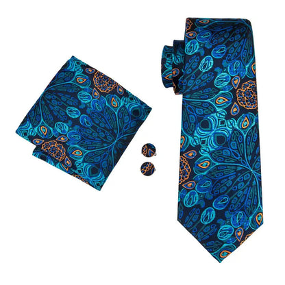 Jacquard Peacock Blue Novelty Design Wedding Tie For Men Hanky Cufflinks Gift Mens Necktie Set Business Party Dropshipping Good Vibrations
