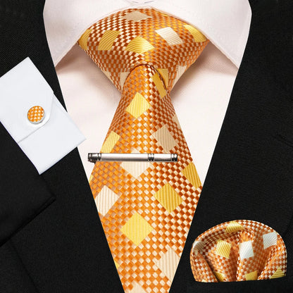 8cm Silk Mens Ties Green Black Ties plaid stripe NeckTie Pocket Square Cufflinks Tie clips Set Men's Wedding business Party Tie Good Vibrations