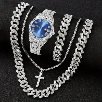16mm Hip Hop Miami Cuban Link Chain Set Necklace +Watch+Bracelet Creative Iced Out Shiny Trendy Stylish Jewelry For Women Men