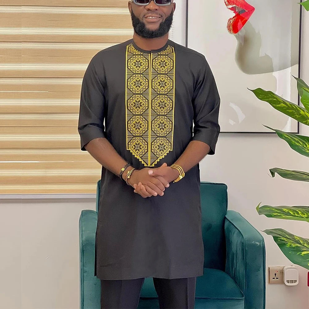 New Dashiki Luxury Full Set Men's Set Round Neck Embroidered Men's Set African Traditional Two Piece Set Men's Full Set Suit Good Vibrations