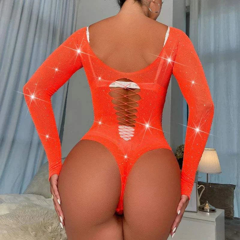 Women sexy rhinestone fishnet long sleeve bodysuit with hollow back design.