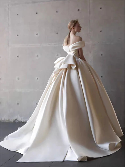 2025 Wedding Dress White Bride Satin Off The Shoulder Floor Length Elegant Strapless Big Bow Women Luxury Simple 원피스 웨딩드레스