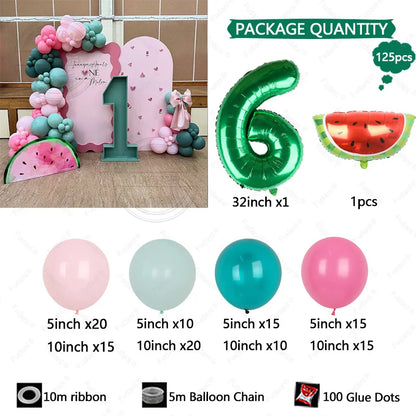 125pcs Summer Fruit Themed Party Decoration Green Number Birthday Balloon Set Red Watermelon Balloon Birthday Photo Background Good Vibrations