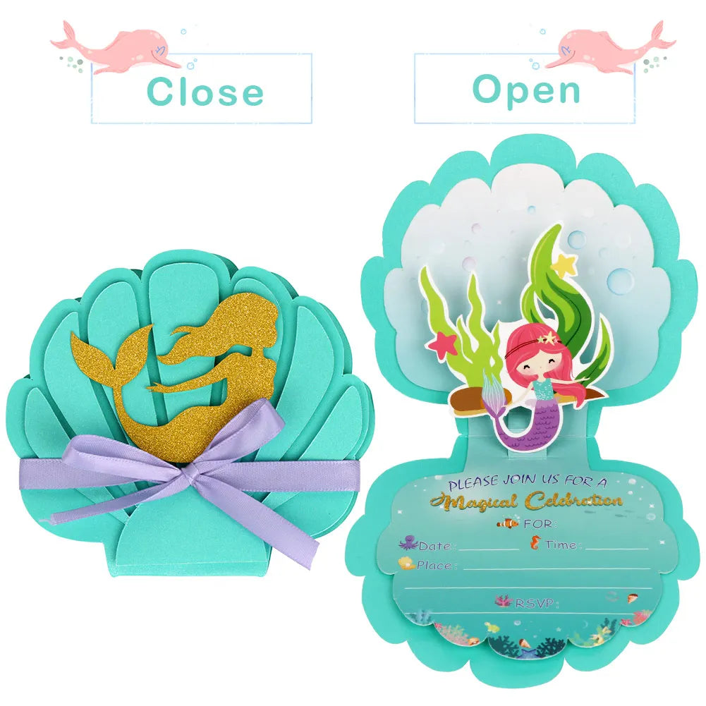6Pcs Mermaid Party Invitations Pearlescent Mermaid Birthday Party Supplies with Envelopes for Kids Girls Birthday Wedding Decor Good Vibrations