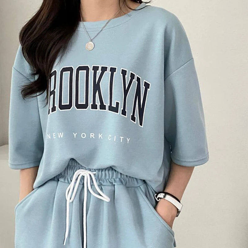 Two Piece Shorts Sets T Shirt Top Shorts Casual Suits 2025 Summer Female Short Sleeve Sporty Outfit Cotton Suit Women Clothing Good Vibrations