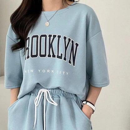 Two Piece Shorts Sets T Shirt Top Shorts Casual Suits 2025 Summer Female Short Sleeve Sporty Outfit Cotton Suit Women Clothing Good Vibrations
