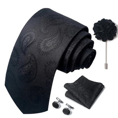 Luxury Mens Ties Floral Black Gold Ties Paisley NeckTie Pocket Square Cufflinks Brooch Set Men's Wedding Party Tie Good Vibrations