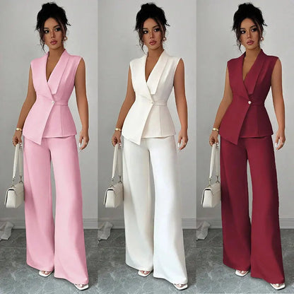 Women's Elegant 2 Piece Outfit Sleeveless V-Neck Single Button Blazer Vest and Wide Leg Pants Set Business Office Workwear Sui Good Vibrations