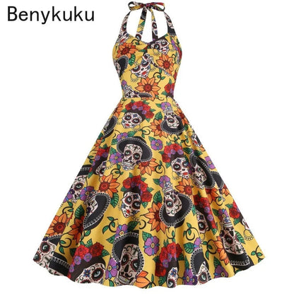 Halloween Costumes for Women Skull Print Halter Dress Sleeveless Tunic Vintage Party Dresses Goth Clothes Masquerade Vestidos Good Vibrations