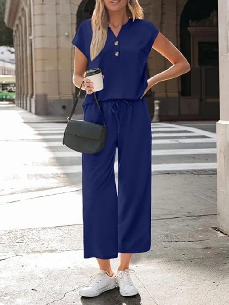 Women 2 Piece Outfit Set V Neck Button Short Sleeve T Shirt Drawstring Wide Leg Capri Pants Casual Loose Tracksuit Loungewear Va Good Vibrations