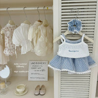 Girls Set Summer Outfit Sweet Bow Letter Suspender Blue Checkered Lace Skirt Two Piece Set 2025 New Children Clothing Good Vibrations