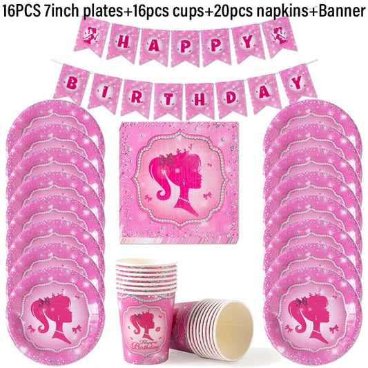 Pink Girls Party Disposable Tableware Paper Plate Cup Napkin Princess Kids Girl Birthday Party Decor Baby Shower Decor Supplies Good Vibrations