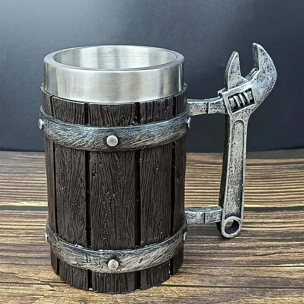 Viking Vintage Oak Barrel Beer Mug Stein with Stainless Steel Liner Coffee Cup Tea Mug Large Capacity Mug Pub Bar Party Gift Good Vibrations