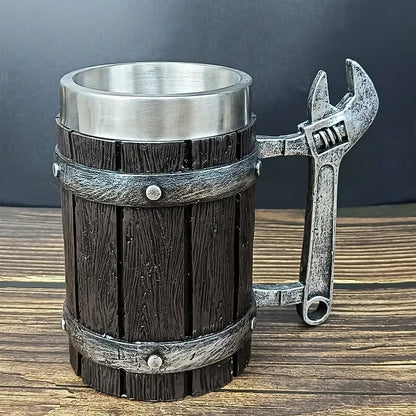 Viking Vintage Oak Barrel Beer Mug Stein with Stainless Steel Liner Coffee Cup Tea Mug Large Capacity Mug Pub Bar Party Gift Good Vibrations