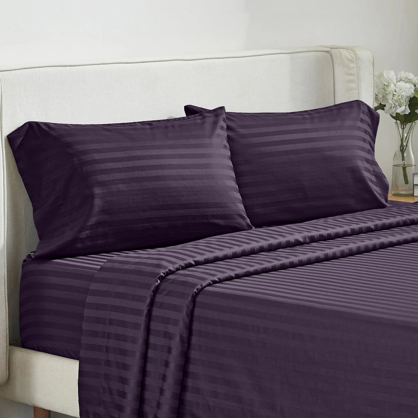 Battilo Bed Sheets 4 Pieces Set Luxury Fitted Flat Sheet with Pillowcases Solid Stripe Bedding Set For Twin Full Queen King Size Good Vibrations