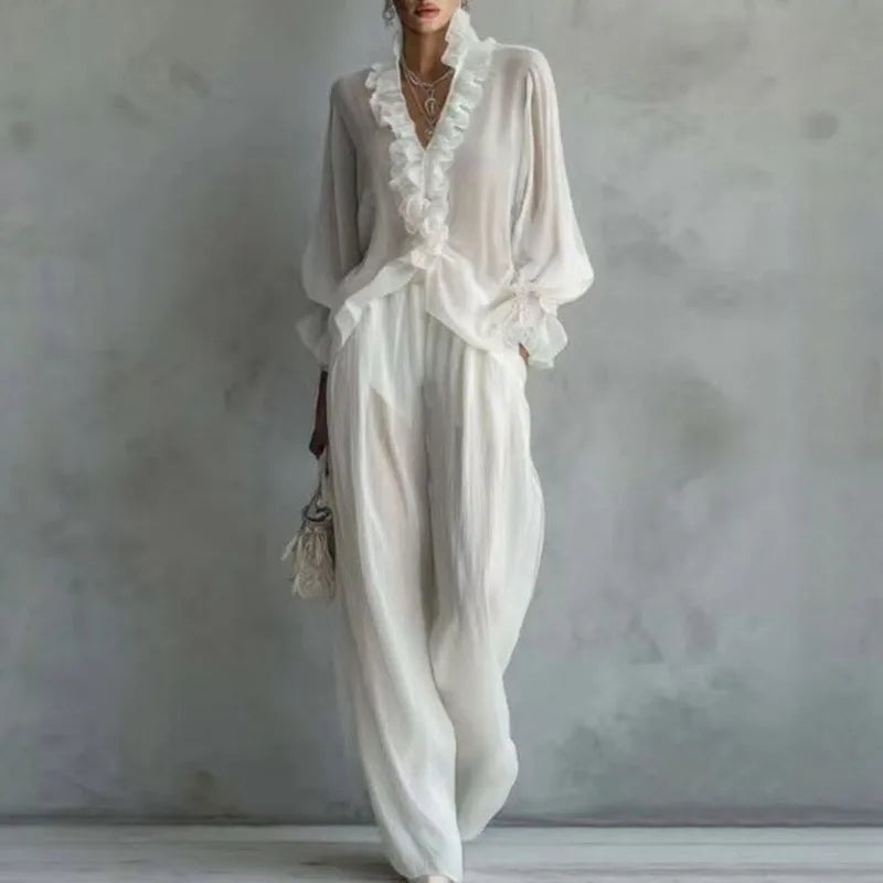White Casual 2 Piece Outfit for Woman Sexy Ruffle V Neck Long Sleeve Blouse Wide Leg Pants Set Spring Summer Bohemian Suit Mujer Good Vibrations