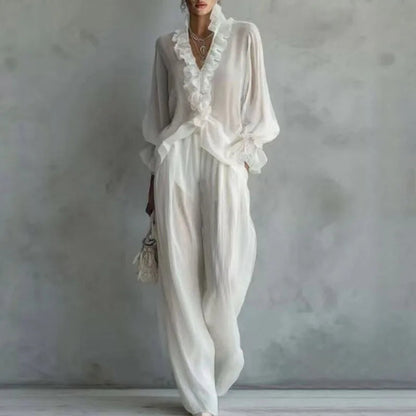 White Casual 2 Piece Outfit for Woman Sexy Ruffle V Neck Long Sleeve Blouse Wide Leg Pants Set Spring Summer Bohemian Suit Mujer Good Vibrations