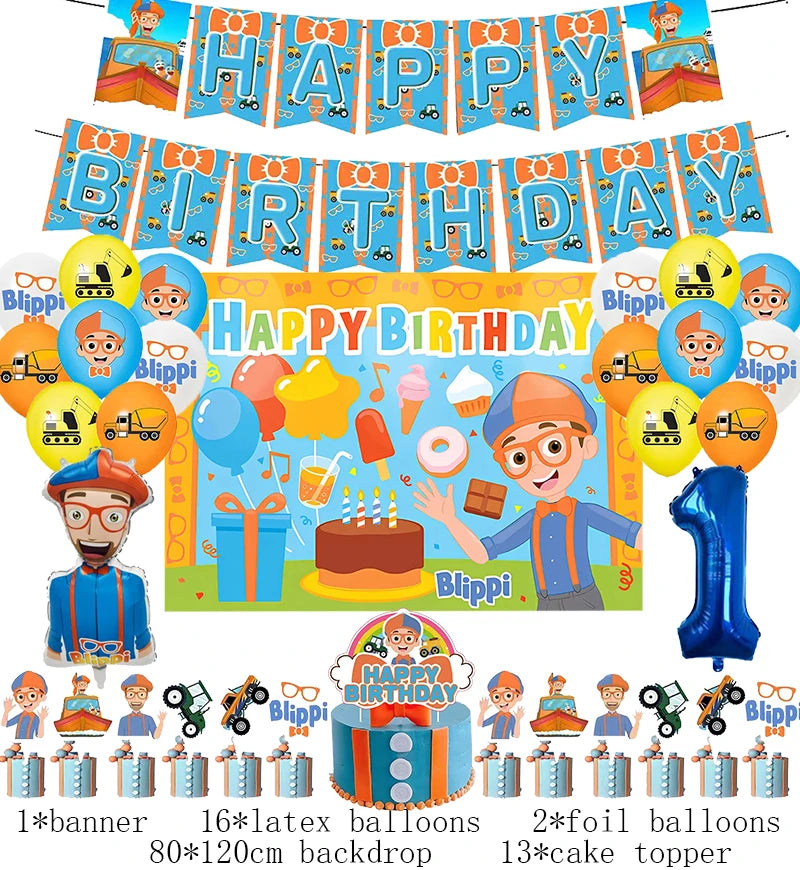 New Blippiing Birthday Party Decoration Foil Balloon Backdrop Banner Cake Topper Baby Birthday Party Supplies Good Vibrations