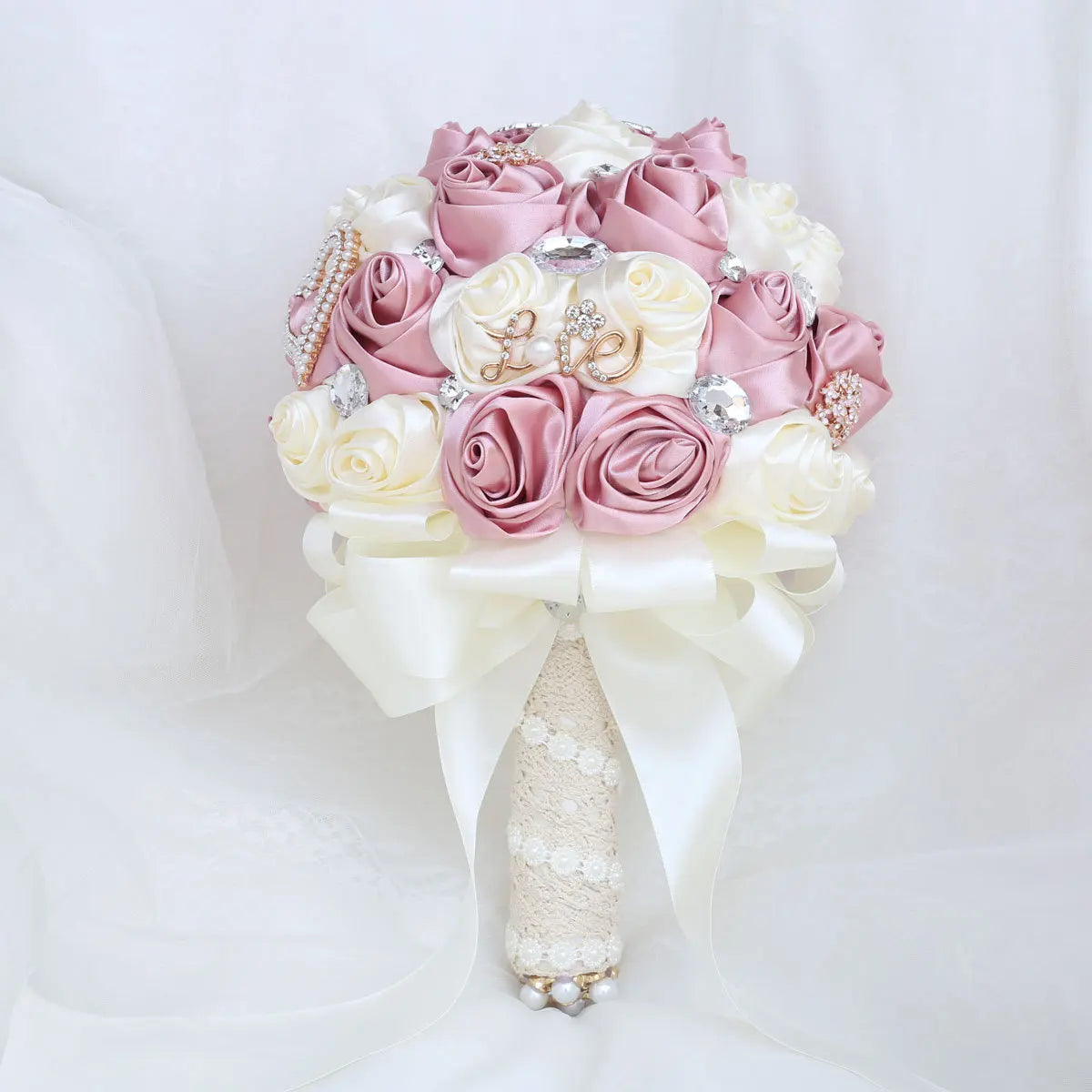 JaneVini Light Pink Roses Bridal Bouquet Elegant Pearl Crystal Lace Handle Bride Flower Ball Wedding Bouquet Bruiloftaccessoires Good Vibrations
