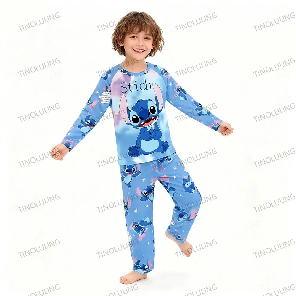 Children's Cartoon Stitch Pajamas Sets Boys Pijamas Girls Mickey Hello Kitty Sleepwear Comfortable Long Sleeve Nightwear Pjs Good Vibrations