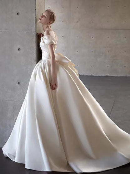 2025 Wedding Dress White Bride Satin Off The Shoulder Floor Length Elegant Strapless Big Bow Women Luxury Simple 원피스 웨딩드레스