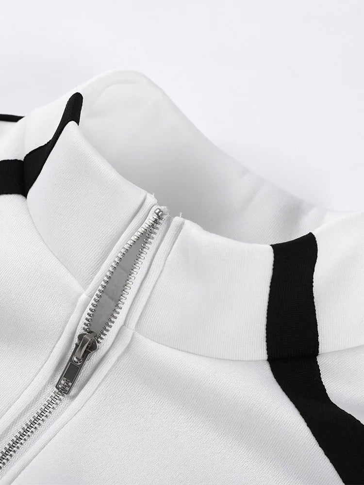 Stripe Contrasted Sweatshirt Pant Set Women Casual Stand Collar Full Sleeve Zippers Sport Coat Wide Leg Trousers 2 Piece Sets Good Vibrations