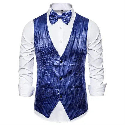 Gold Men's Sequin Vest Jacket, Single-breasted V-neck Sleeveless Vests Coat, Wedding Party Waistcoat Silver Blue Purple Red Tops