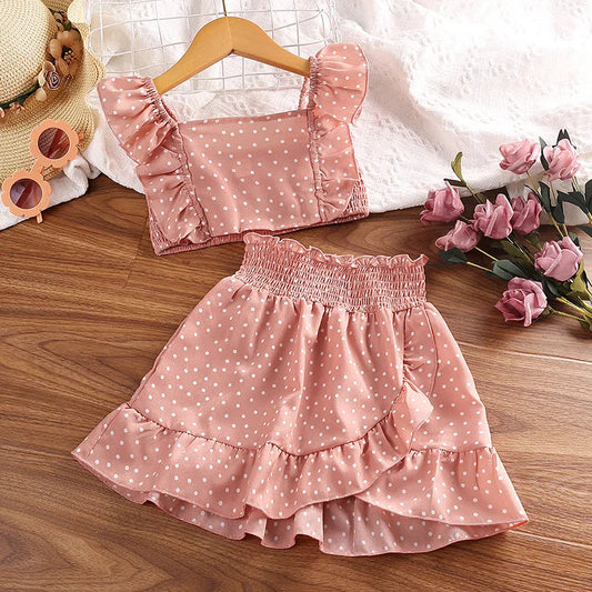 Girls' Clothing Set 5-12T Tri-Color Optional Flying Sleeve Square Collar Vest Top + Lace Skirts  Children Girls Baby Clothes Set Good Vibrations