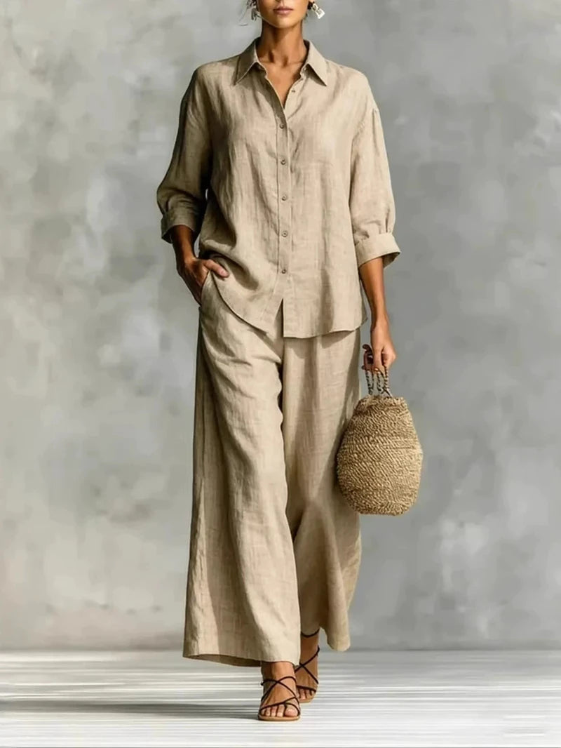 Plus Size Women's New Casual Two Piece Set 7-Sleeve Shirt Wide Leg Pants Comfortable Office Commute Matching Set Good Vibrations