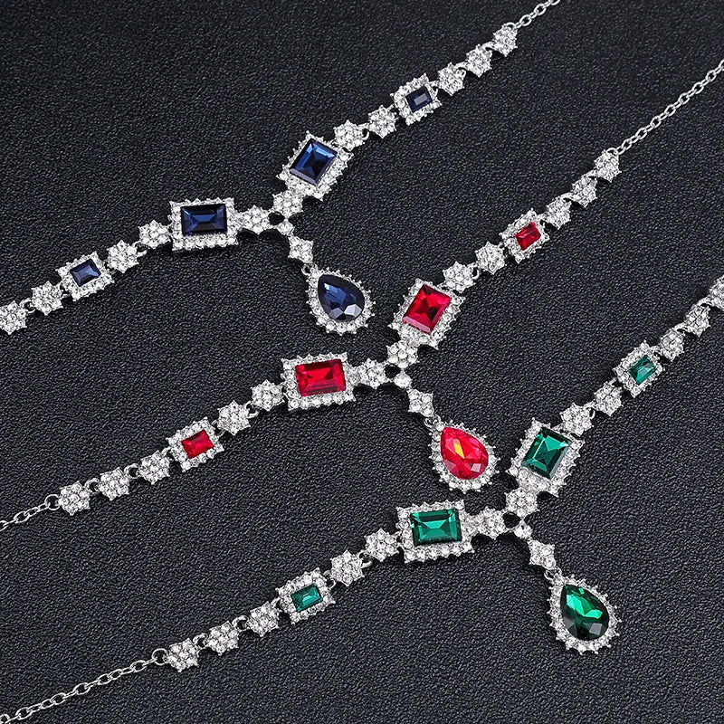 Bridal Jewelry Set Wholesale Silver Plated Red Green Blue Crystal Rhinestone Drop Earrings and Luxury Wedding Necklace for Women Good Vibrations