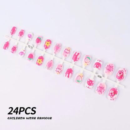 24Pcs/Strip Pink Detachable Child False Nails Tip Kawaii Cartoon Strawberry Acrylic Artificial Full Cover Press On Nail for Girl Good Vibrations