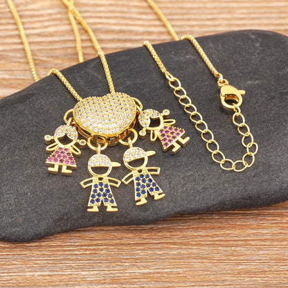 Nidin Fashion Hot Family Member Pendant Necklace Micro-Studded Zircon Love Heart Boy Girl Parent-Child Jewelry Mother's Day Gift Good Vibrations